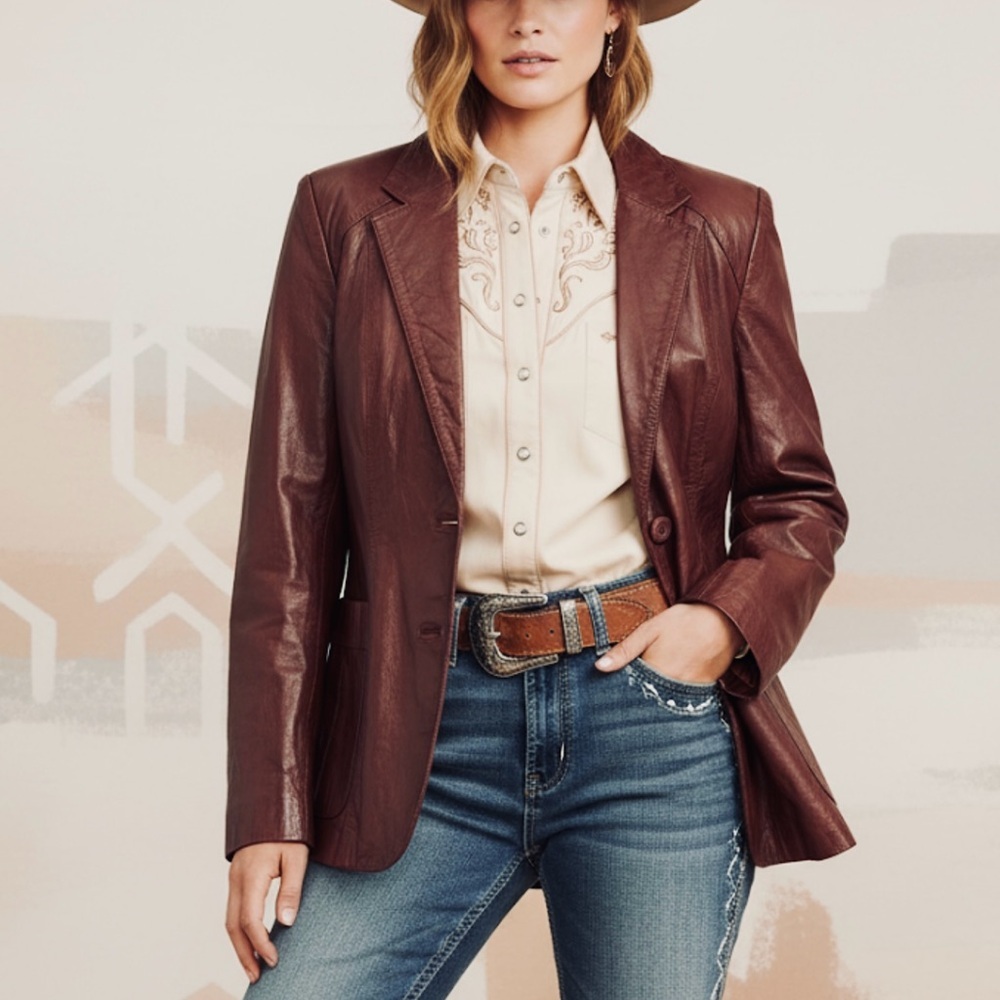 Vintage SHEPLERS Women's Burgundy Leather Western Blazer Jacket Size 16 Cowgirl